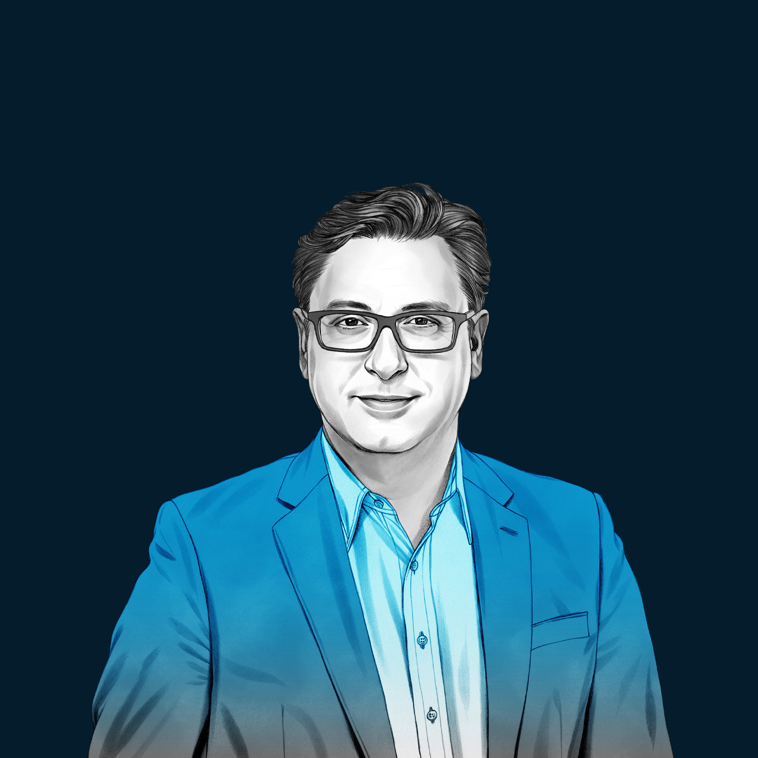 A hand-drawn illustration of Paul Hudson, smiling and wearing a button-down shirt and blazer. The drawing features precise lines and subtle shading, using black and white tones for her face and blues for her attire.