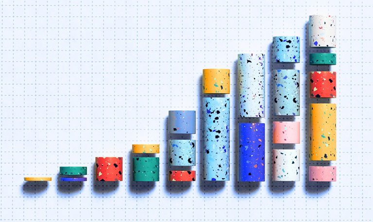 A colorful bar graph composed of short, speckled cylinders of varying heights and colors, arranged on a gridded background.