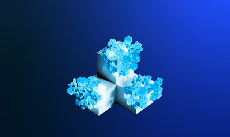 Three sets of futuristic blue cubes constructed from smaller cubes merging to form a singular composition. The edges of the three primary cubes are converging and emitting a luminous aura.