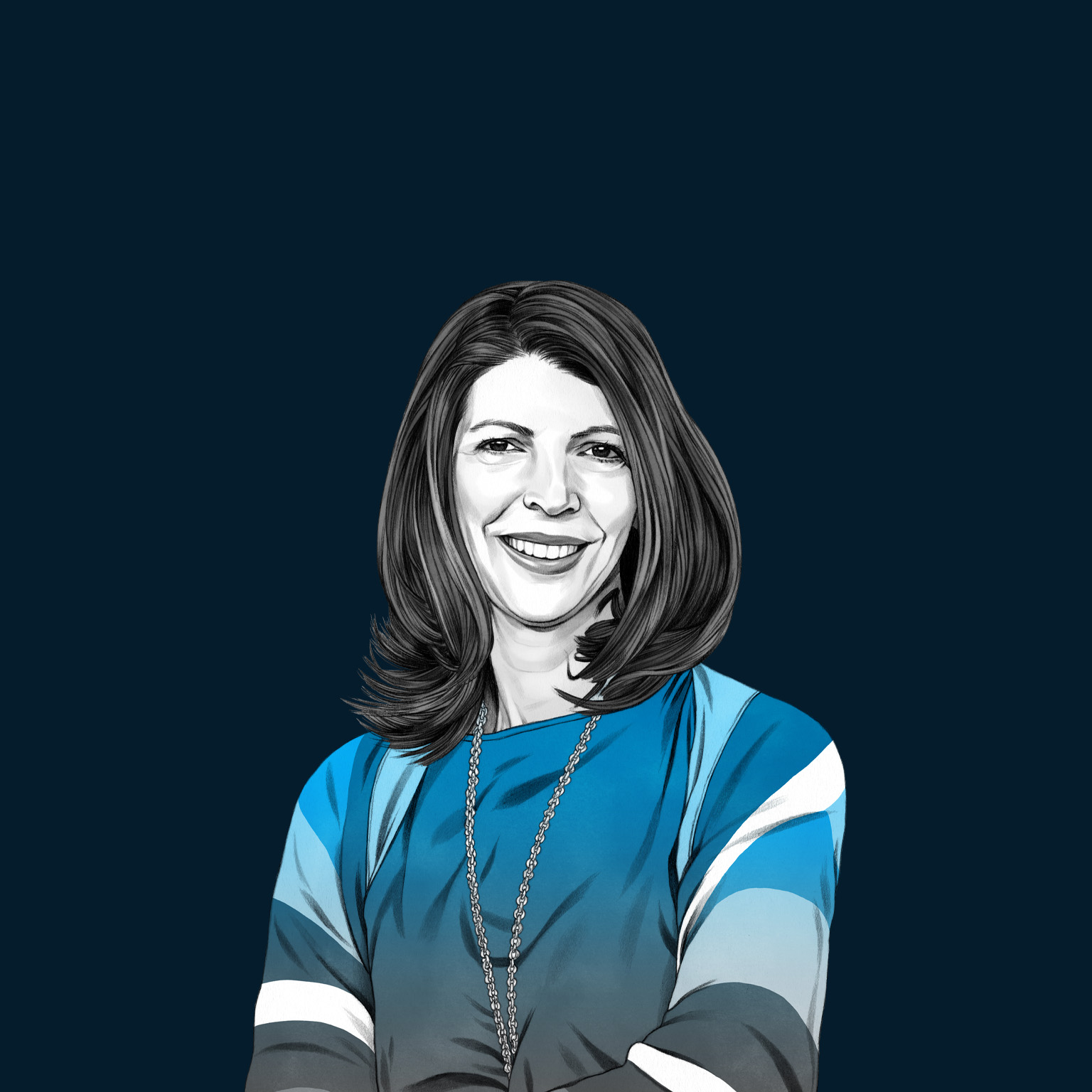 Lisa Callahan is depicted in a hand-drawn illustration, sporting a smile, shoulder-length hair, and a striped cardigan. The drawing features precise lines and subtle shading, using black and white tones for her face and blues for her attire.