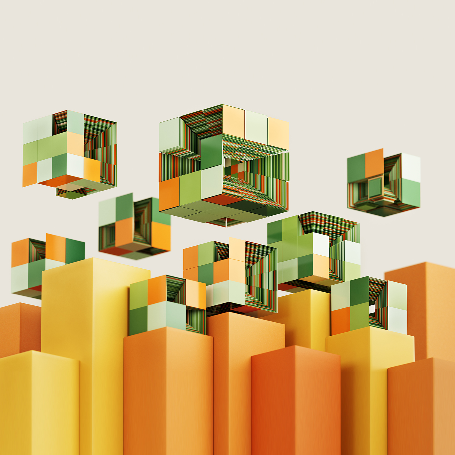 Digital generated image of futuristic cubes connecting. ESG, green technology, sustainability and responsible business concepts.