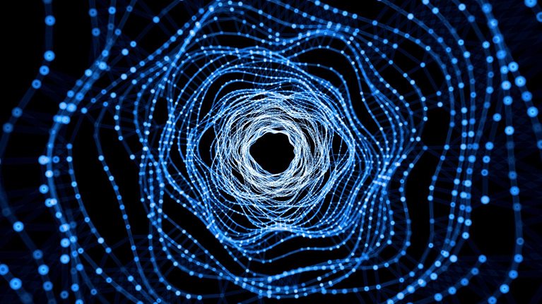 A mesmerizing abstract tunnel created made of interconnected glowing blue nodes. These nodes form concentric circles that recede into a dark center, creating a sense of depth and movement.