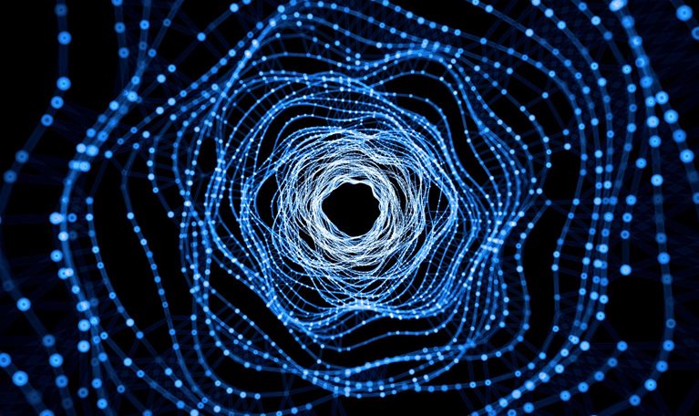 A mesmerizing abstract tunnel created made of interconnected glowing blue nodes. These nodes form concentric circles that recede into a dark center, creating a sense of depth and movement.