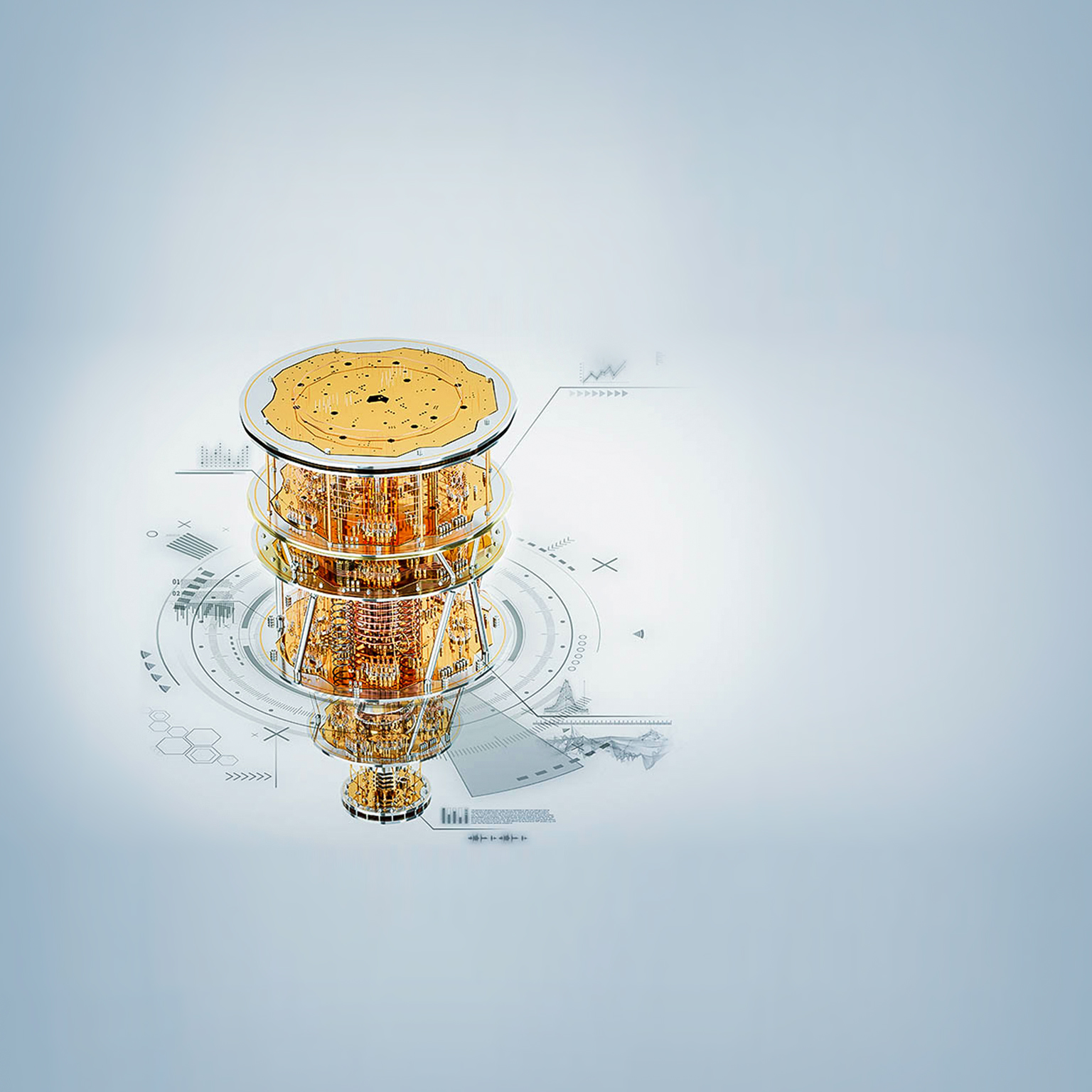 Quantum computer, gold silver mechanism isolated on white background - stock image