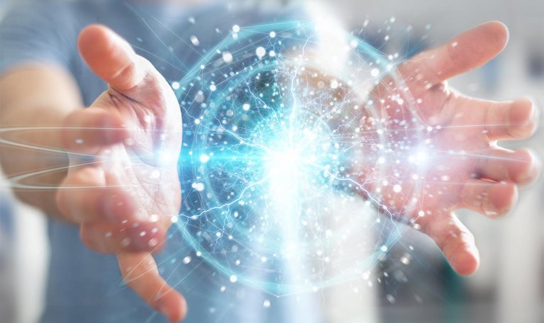 Businessman on blurred background creating renewable and sustainable eco energy with electrical sphere 3D rendering - stock photo