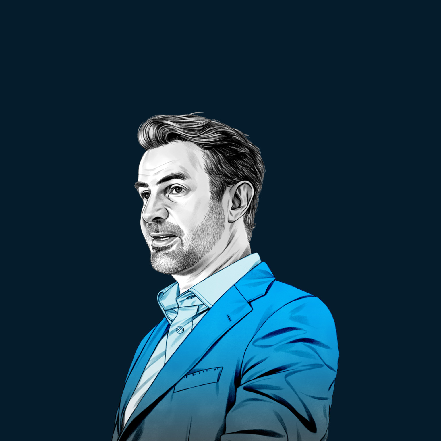A hand-drawn illustration of Erik Brynjolfsson in a suit jacket and a collared shirt. The drawing features precise lines and subtle shading, using black and white tones for his face and blues for his attire.