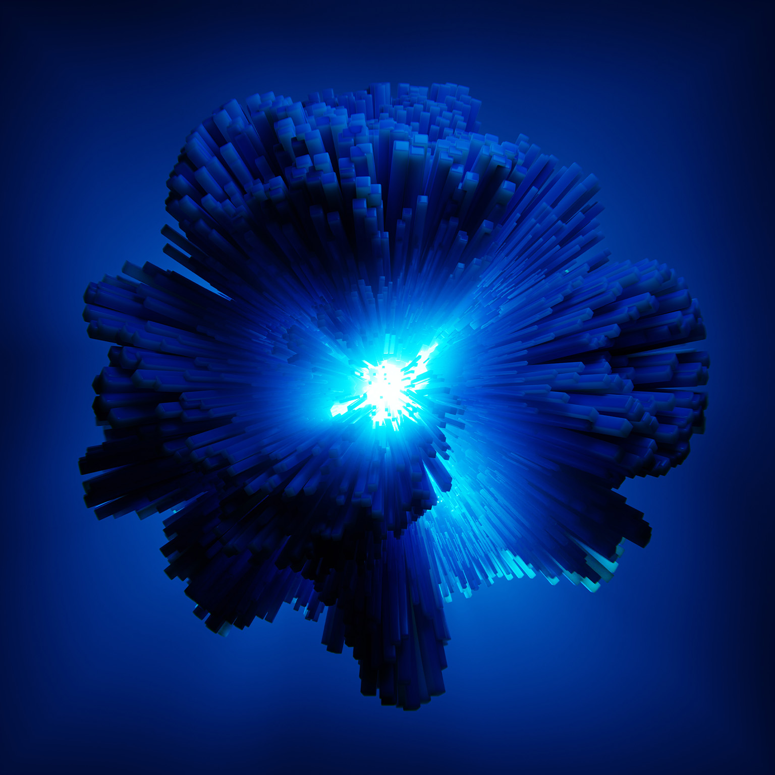 Abstract light explosion render. Beams of light shooting free from center of mass. - stock photo