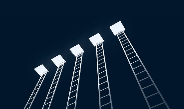 Five ladders leading to the exit, black background - stock photo