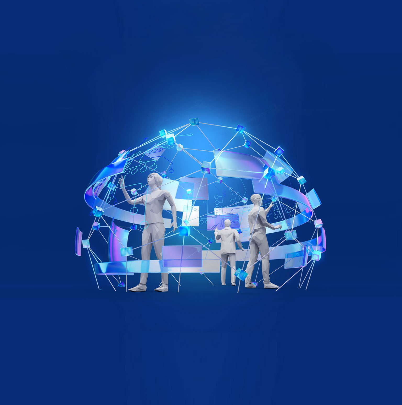 A team of software engineers is working inside a futuristic, dome-shaped structure where programming is done through touch-sensitive interfaces.