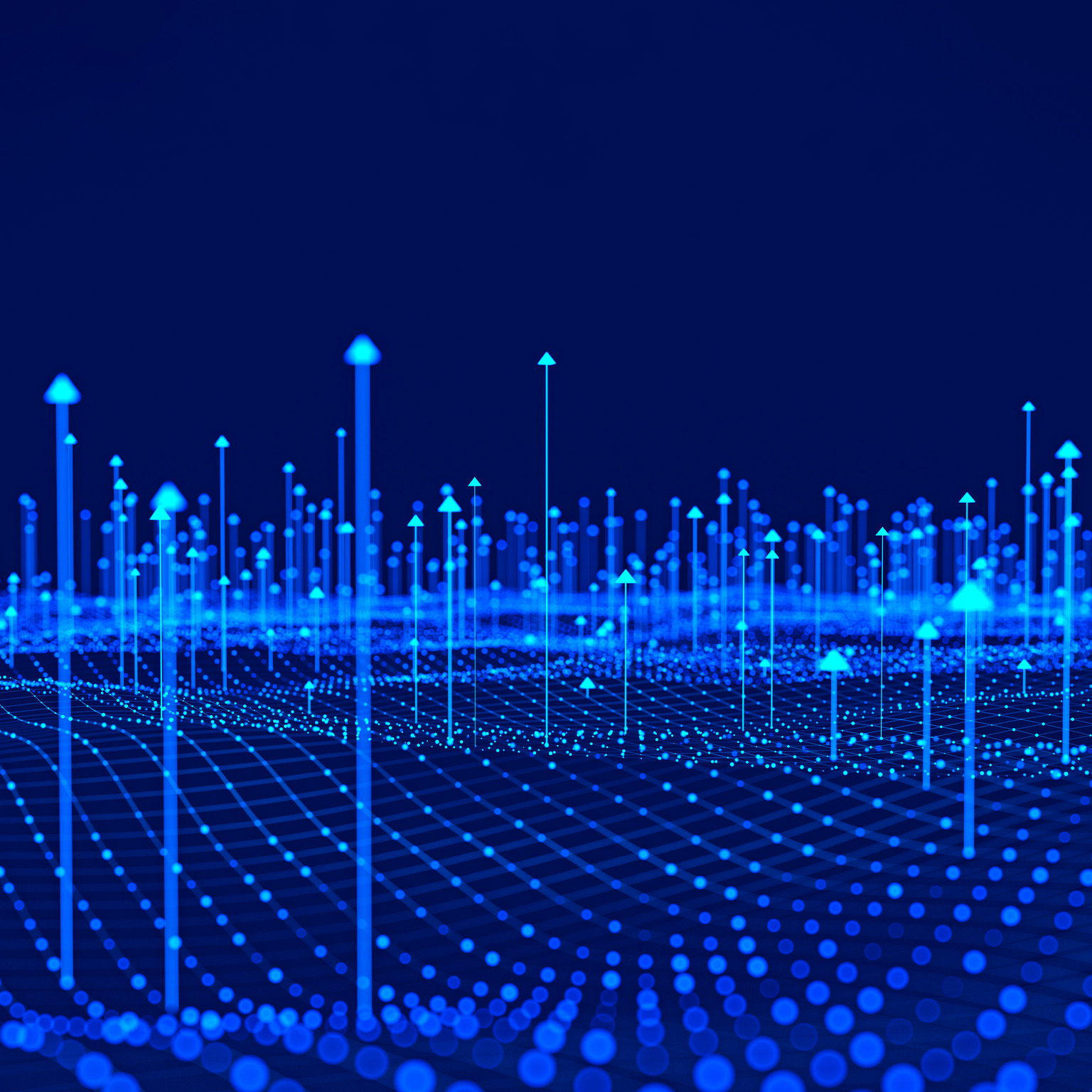 A digital landscape of interconnected nodes and upward-pointing arrows, visualized in vibrant blue.