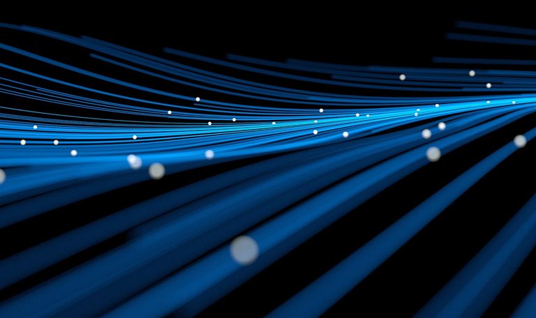 Blue technology background of undulating lines with glowing orbs floating above. - stock photo