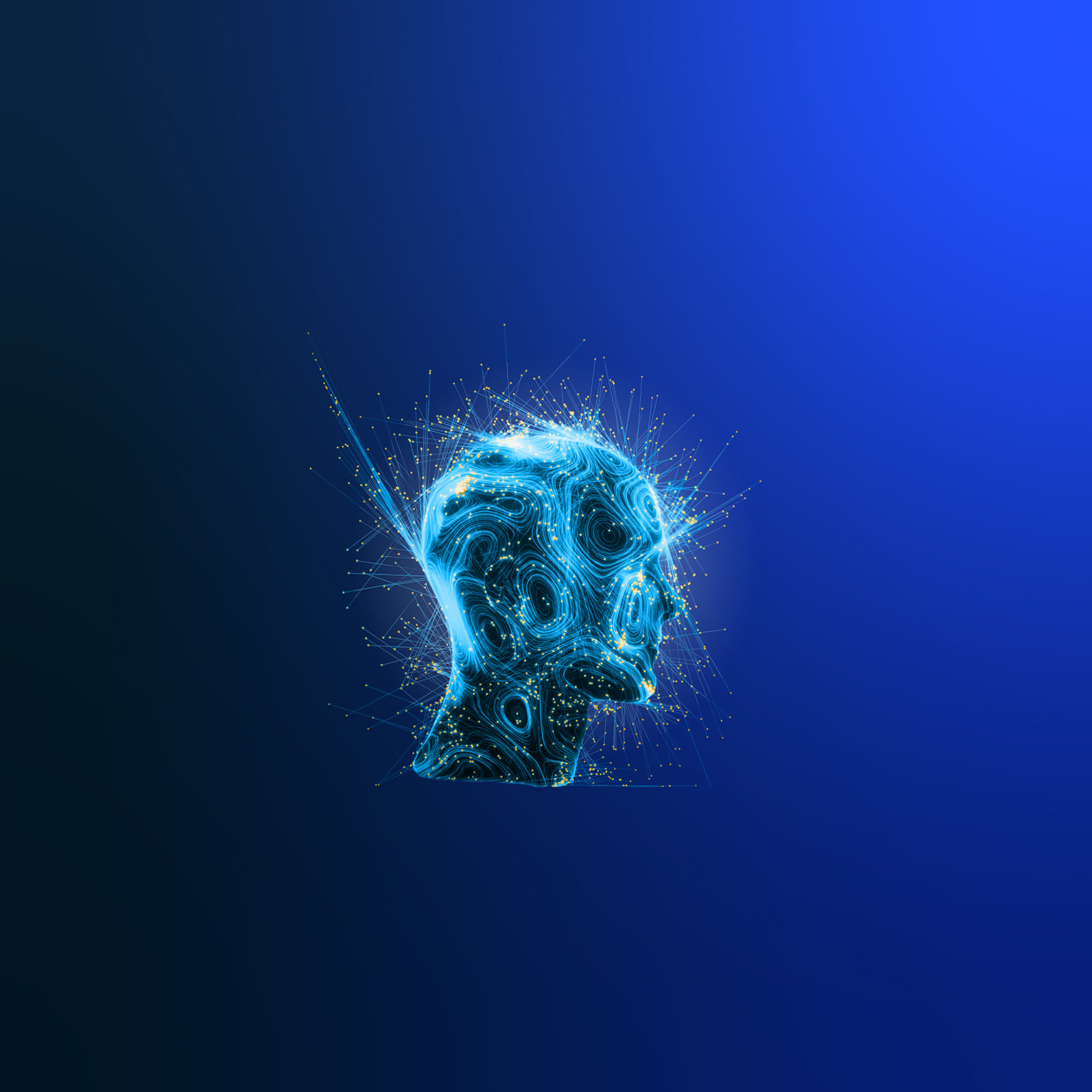 An abstract depiction of a human head constructed from slender strands of cyan light. Filigree-like light tendrils emanate from the head, culminating in radiant orange points of light.