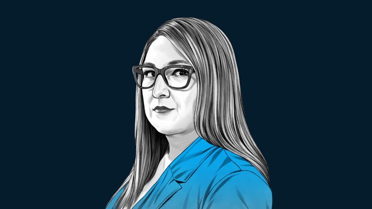 A hand-drawn illustration of Cathy Hackl, with a light smile and wearing glasses and a suit jacket. The drawing features precise lines and subtle shading, using black and white tones for her face and blues for her attire.