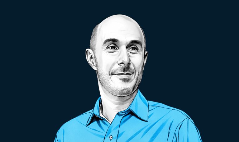 A hand-drawn illustration of Erik Roth, smiling and wearing a collared button-up shirt. The drawing features precise lines and subtle shading, using black and white tones for his face and blues for his attire.