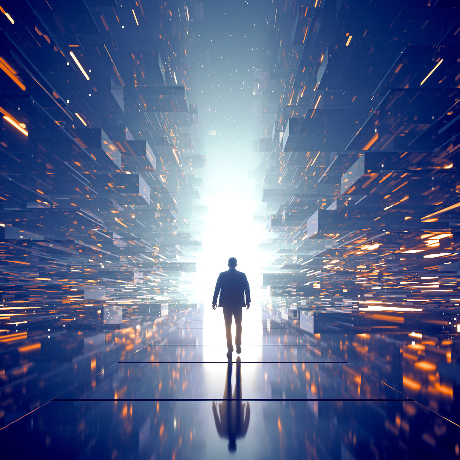 A human figure steps into a futuristic space filled with data particles, reflecting the journey of digital transformation.