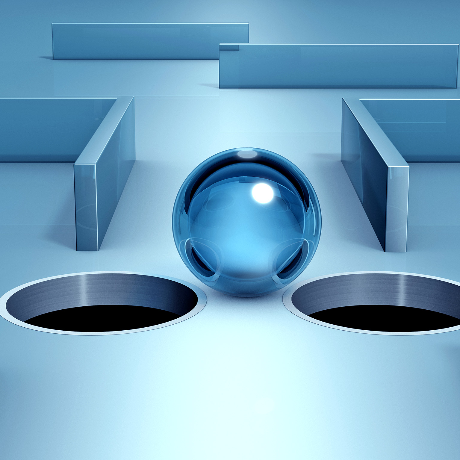 3D image of a glass sphere at a narrow spot in a maze, navigating between two dangerous holes.