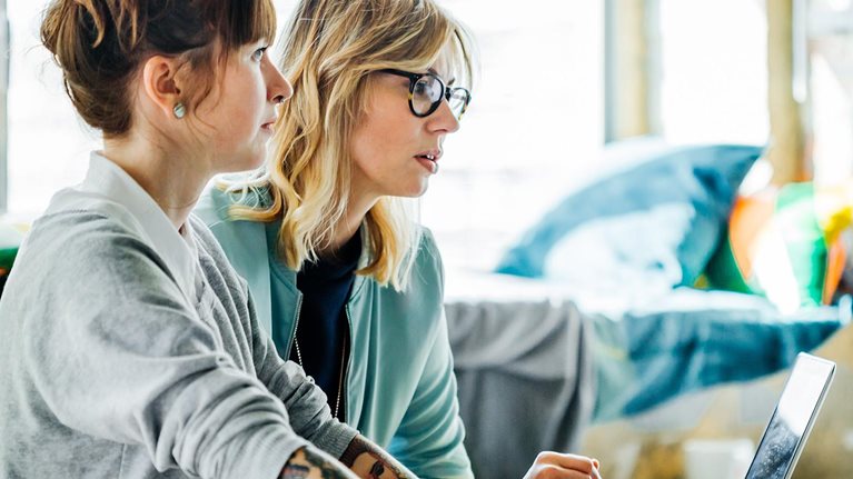 Two businesswomen working on a computer - stock photo