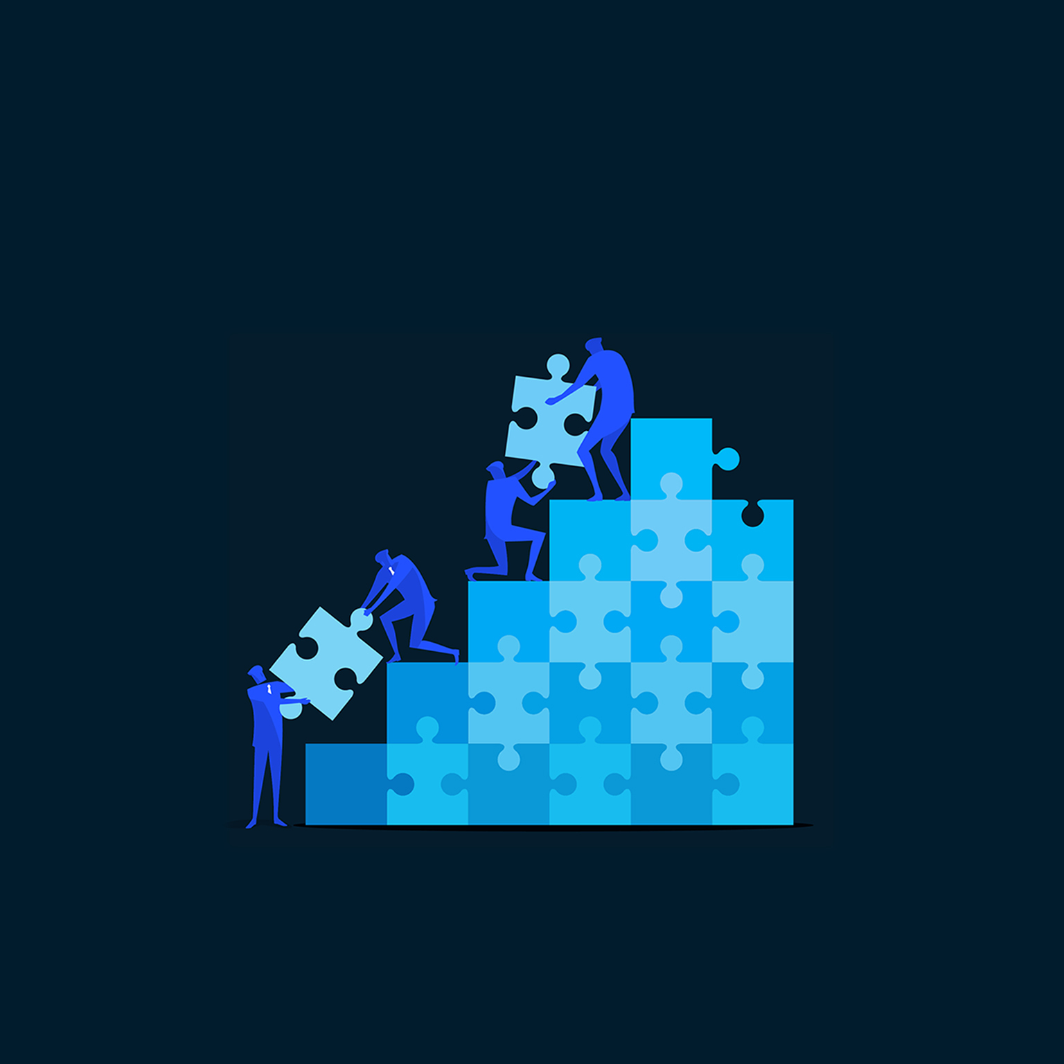 A flat-style digital illustration shows four blue human figures working together to build an ascending staircase of interlocking jigsaw puzzle pieces in shades of blue and cyan. A figure at the base lifts a light blue puzzle piece up to another figure leaning down from a lower step, while higher up a kneeling figure passes a piece to a figure standing at the top, who fits it into the tallest column. The scene is set against a dark navy background. End of image description.
