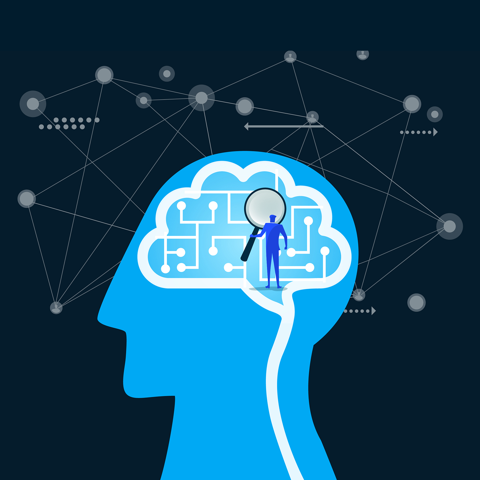 Man exploring artificial intelligence brain with magnifying glass.