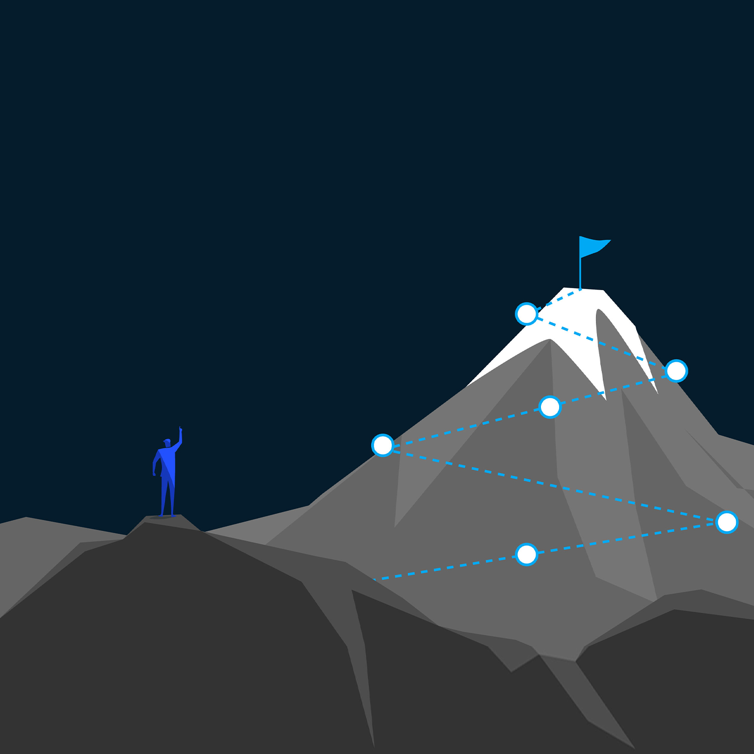 Man plans route along mountain trail to reach distant summit goal, 