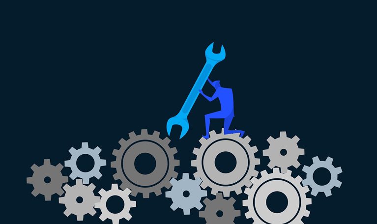 Illustration of mechanic working on giant gears