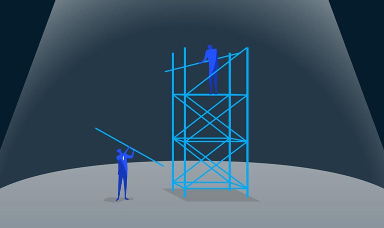 Illustration - two people building scaffolding underneath spotlight