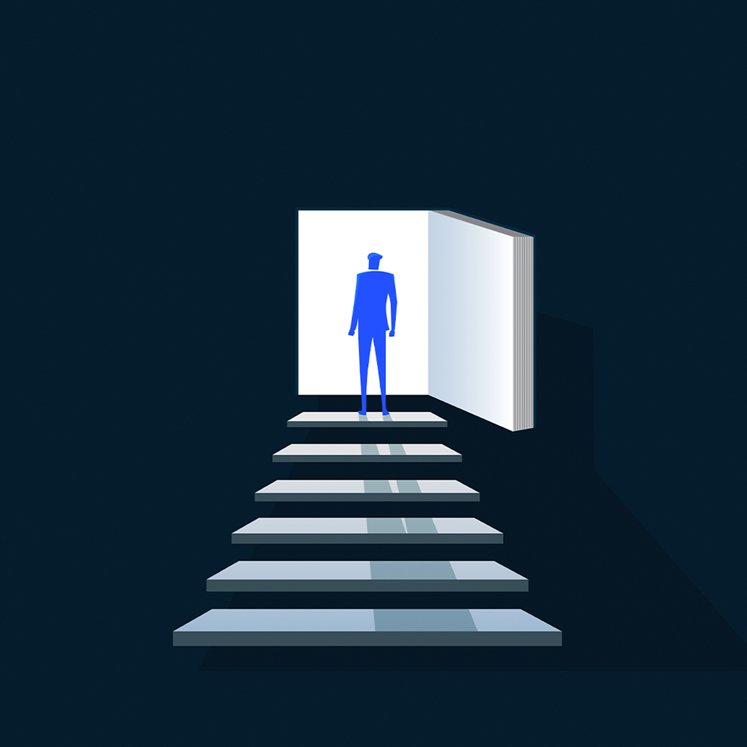 Illustration of man standing at top of stairs, facing into open doorway.