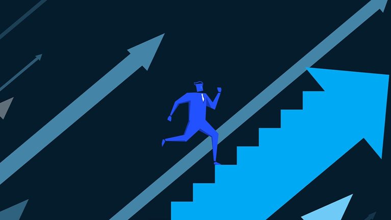 Person running up stairway shaped arrow. - illustration