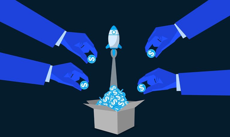 Crowdfunding illustration. Hands reaching out, dropping coins into box, with rocket launching from pile of money.