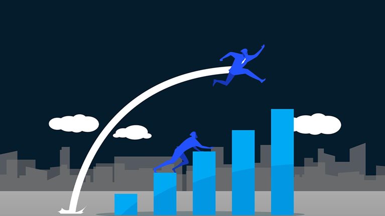 Illustration of one person climbing up bar chart, other person leaping, overtaking them, above.