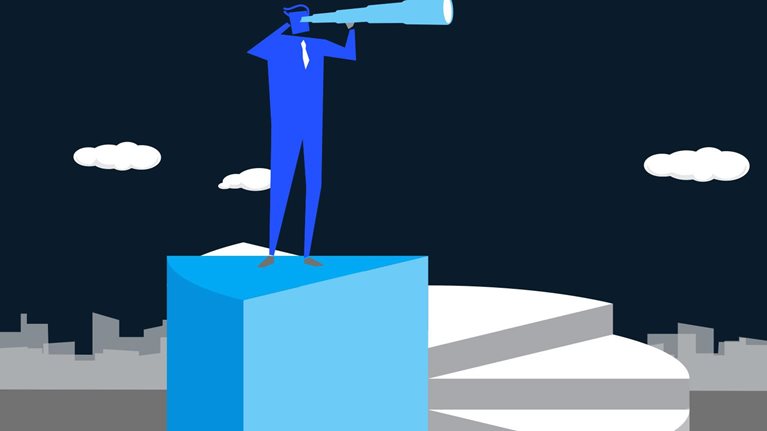 Illustration of person with hand-held telescope, gazing towards the future.