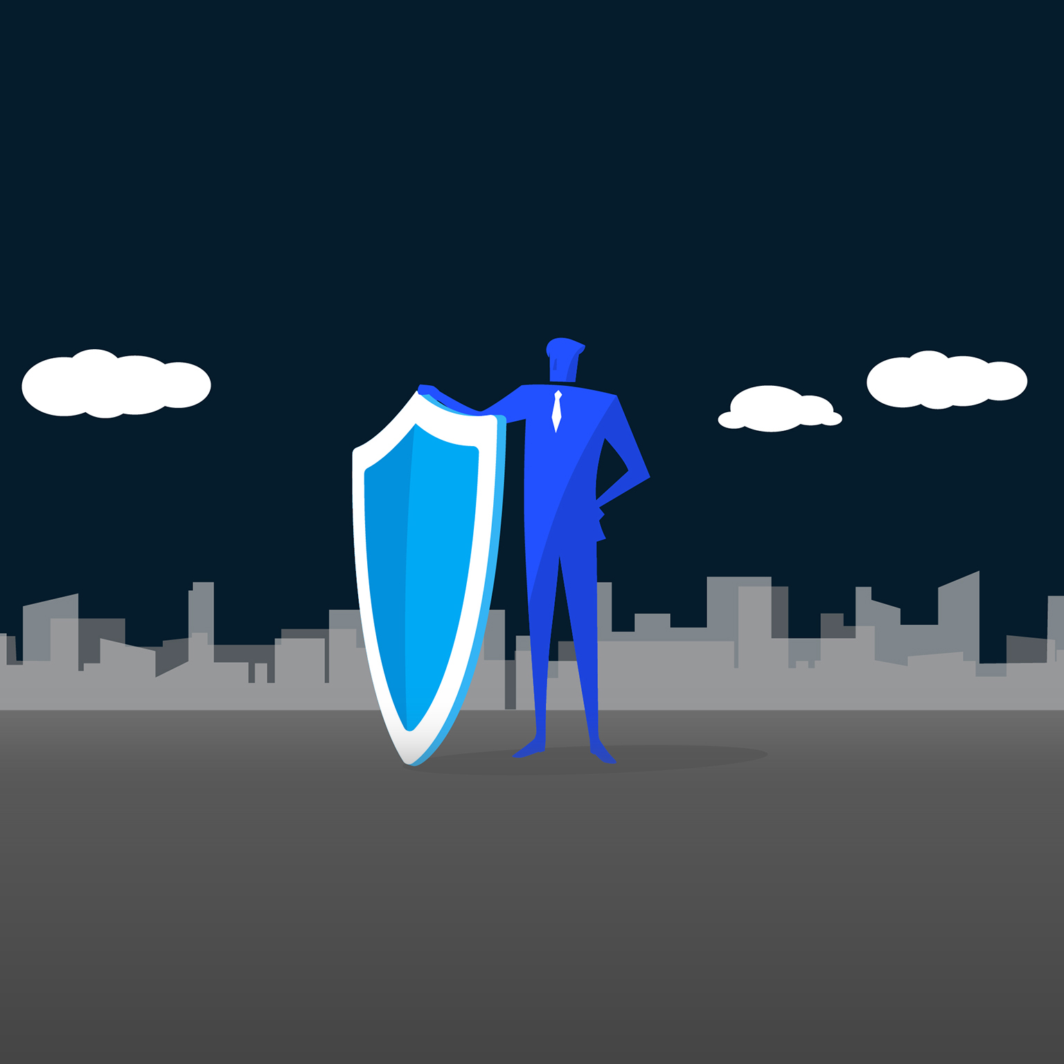 This image is a conceptual illustration often used to represent cyber security resilience, corporate protection, or business risk management. It features a businessman acting as a protective leader, symbolizing courage and defense against digital or operational threats.
