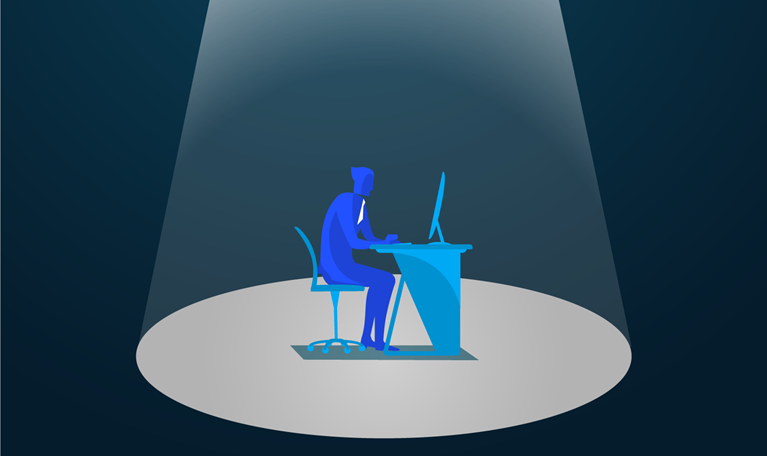 single worker at desk under spotlight illustration