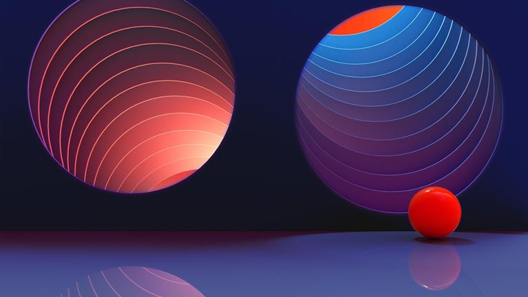 Two circular openings in a dark blue wall, one with warm-toned concentric circles leading downward and the other with cool-toned colors leading upward. A single, bright red sphere rests on a reflective surface in front of the openings, its reflection mirroring it below.