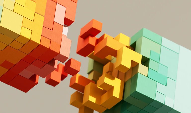 Futuristic cubes, digital data flowing, and network structure. - stock illustration
