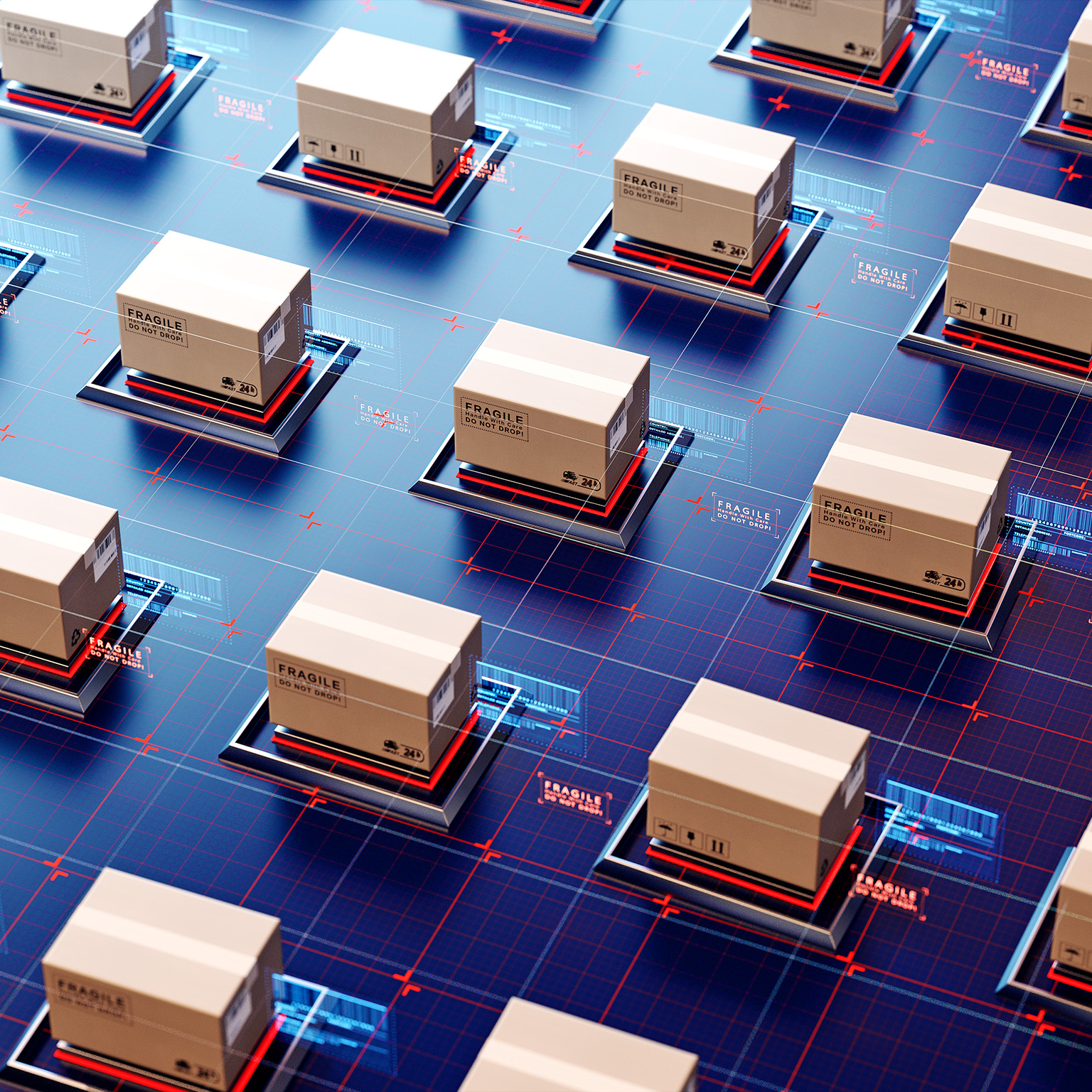 Image of packages being transported in a high-tech automatic logistics management system with AR overlays showing package information. 