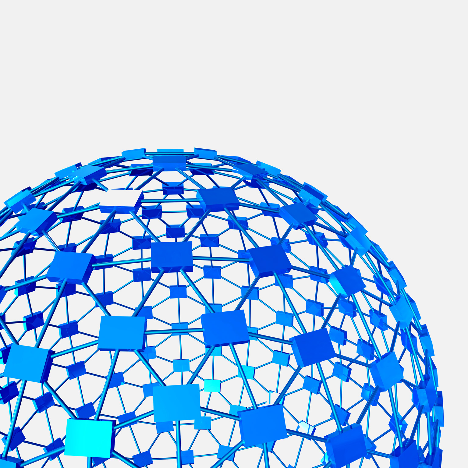 A three-dimensional model of an interconnected network, depicted as a sphere composed of blue cubes and rods. 