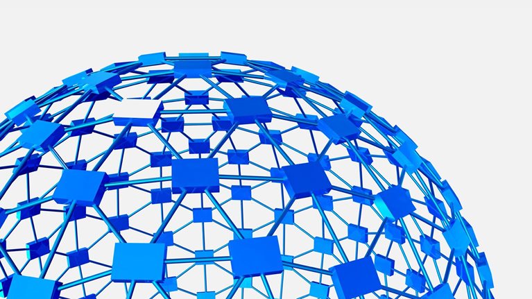 A three-dimensional model of an interconnected network, depicted as a sphere composed of blue cubes and rods.