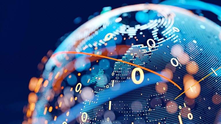 3D rendering of the globe represented by little dots, binary code and lines
