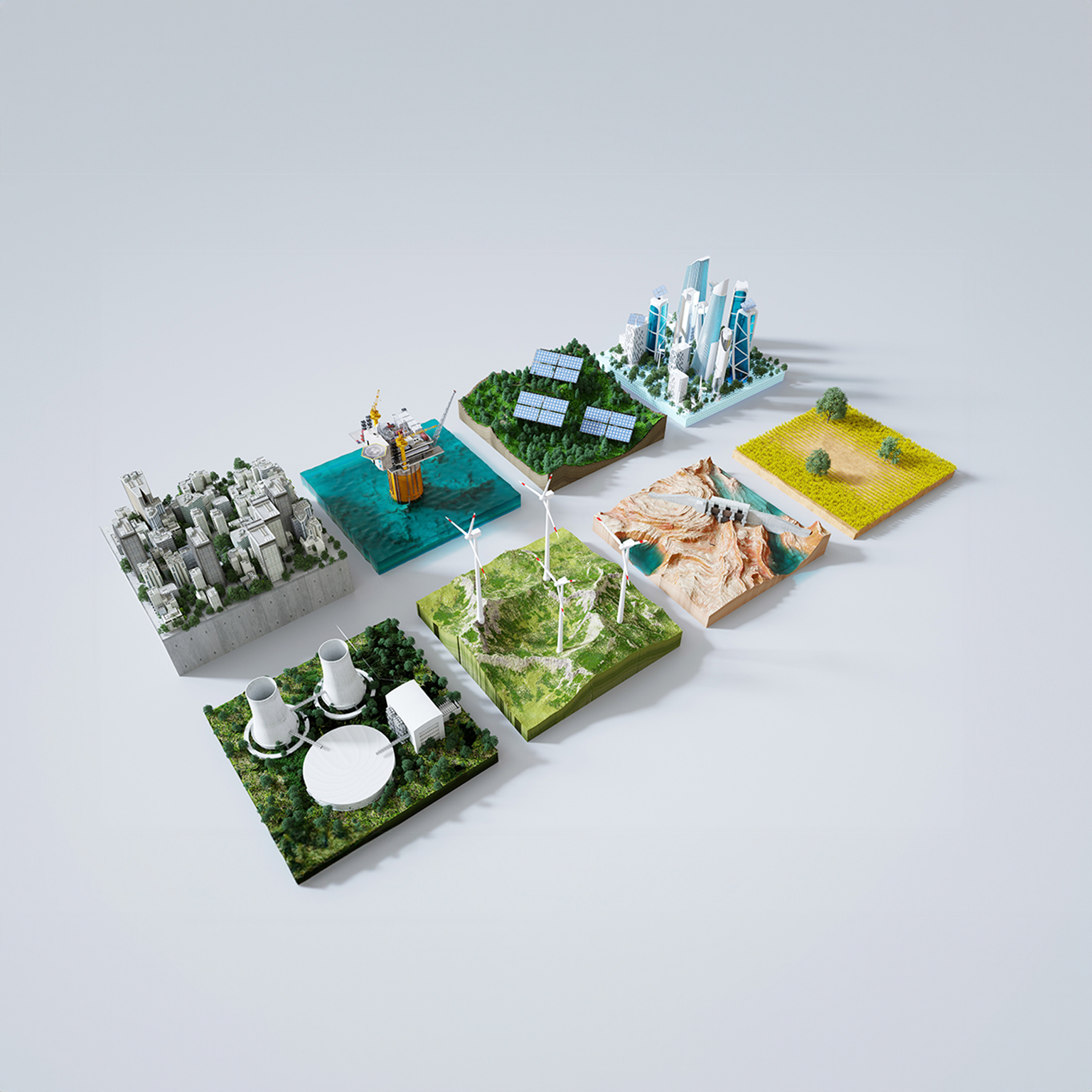 Digital generated image of multiple environment cross section with different types of energy supply standing on white background. Sustainable energy concept. - stock photo