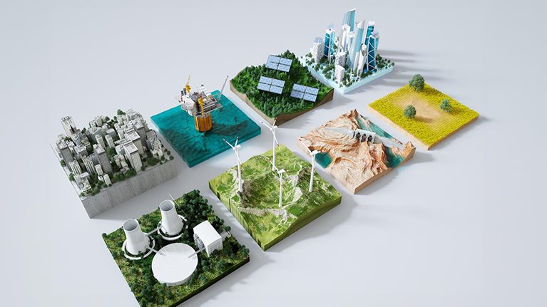 Digital generated image of multiple environment cross section with different types of energy supply standing on white background. Sustainable energy concept. - stock photo