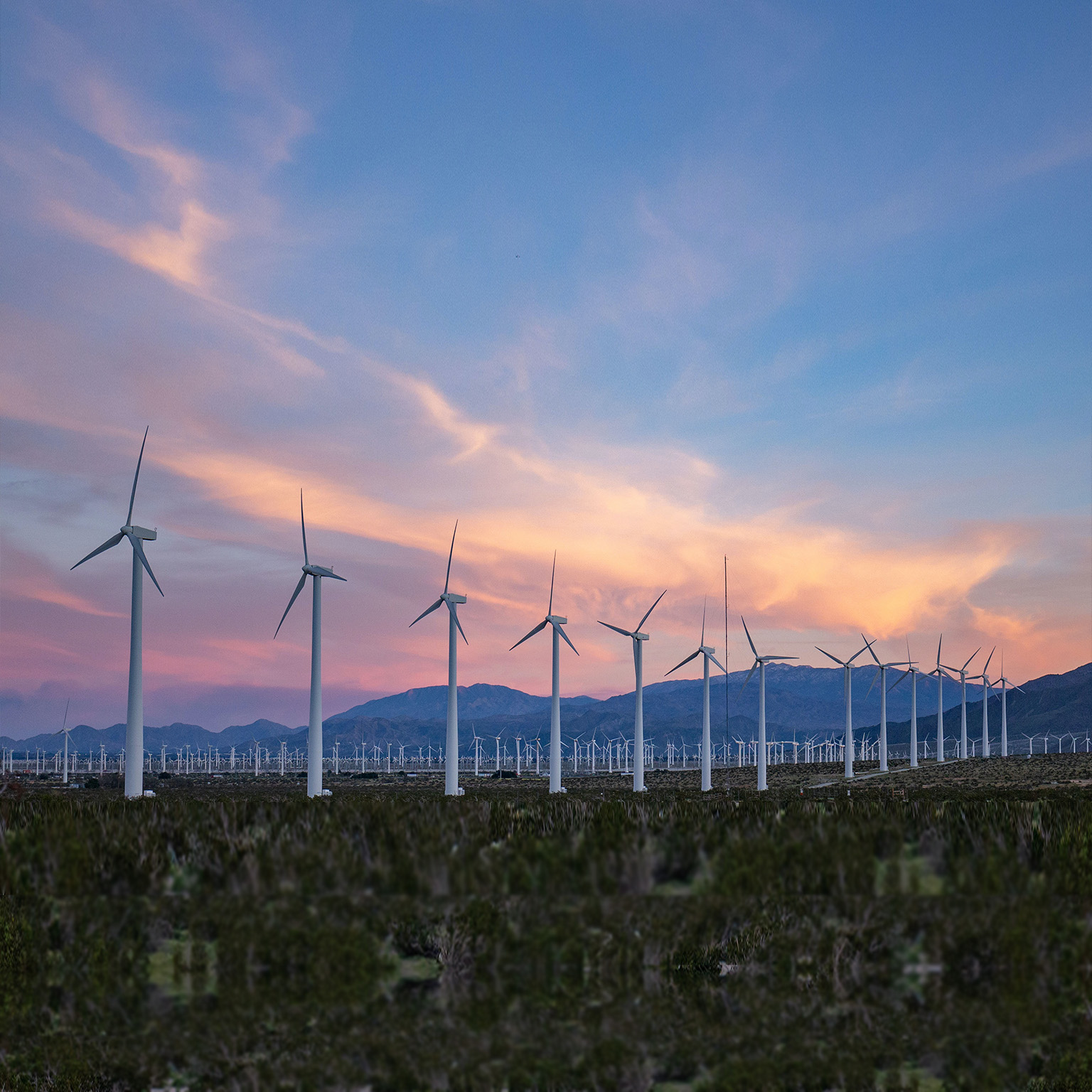 sunset falls as wind turbines spin