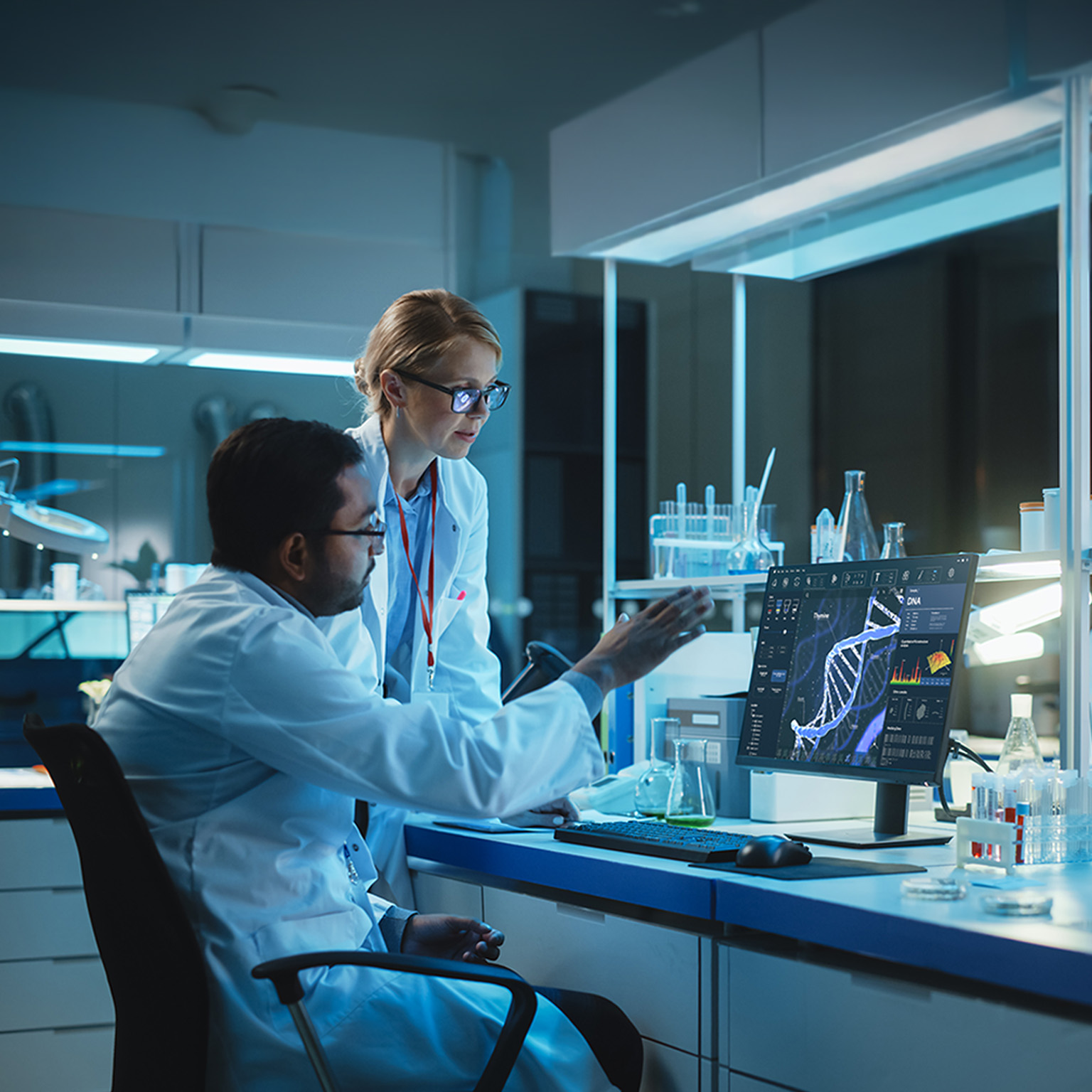 Female Research Scientist with Bioengineer Working on a Personal Computer with Screen Showing DNA Analysis Software User Interface. Scientists Developing Vaccine, Drugs and Antibiotics in Laboratory