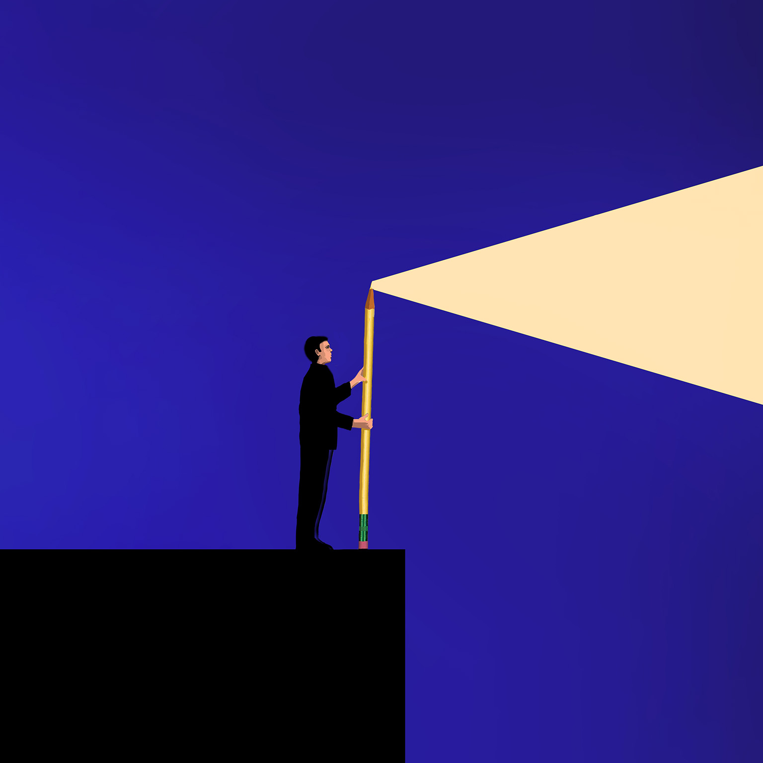  An illustration of a person holding an oversized pencil shining light out into the night sky.