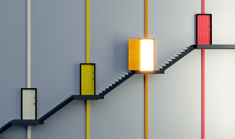 An abstract staircase with multi colored doors on different flights and one door is open with light coming out.