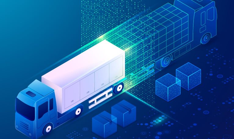 Twin logistics concept, showing a truck being loaded overlapped with a digital representation of a truck facing in the opposite direction. - stock illustration