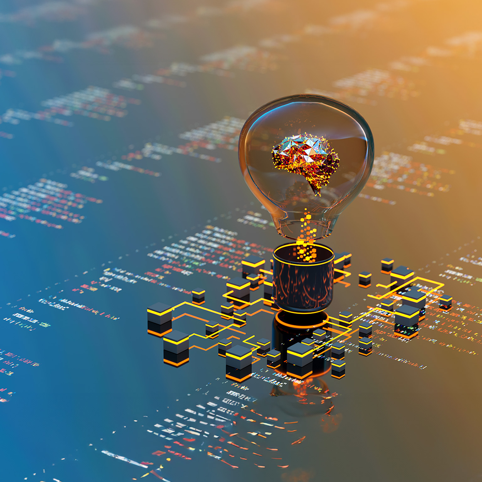 Artificial Intelligence digital concept abstract brains inside light bulb - stock photo