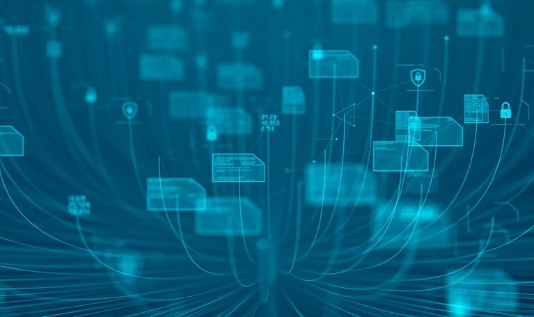 Cyber security technology illustration. Floating computers all linked by cords.