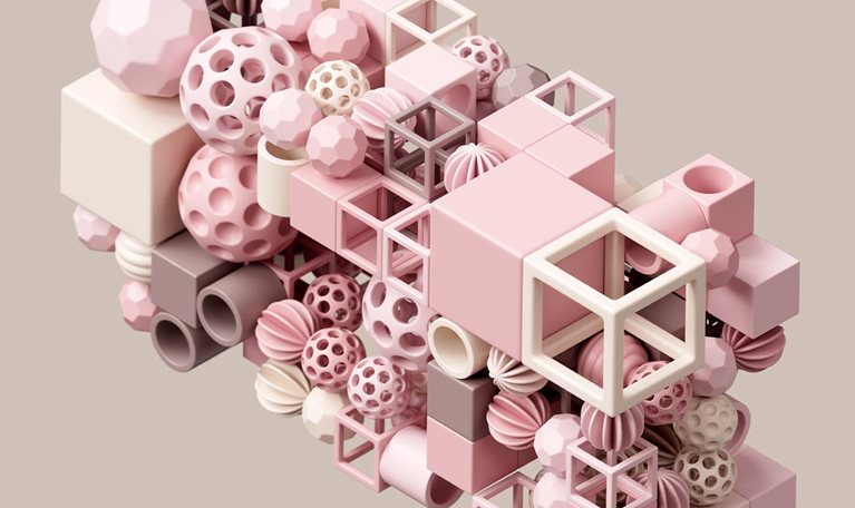 Abstract data cubes and spheres connection. The concept of big data, artificial intelligence and cloud technology. - stock photo
