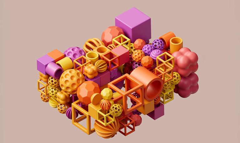 Digital generated image of multicoloured cubes and spheres connecting between each other. The concept of innovation, science, artificial intelligence and cloud technology. - stock photo